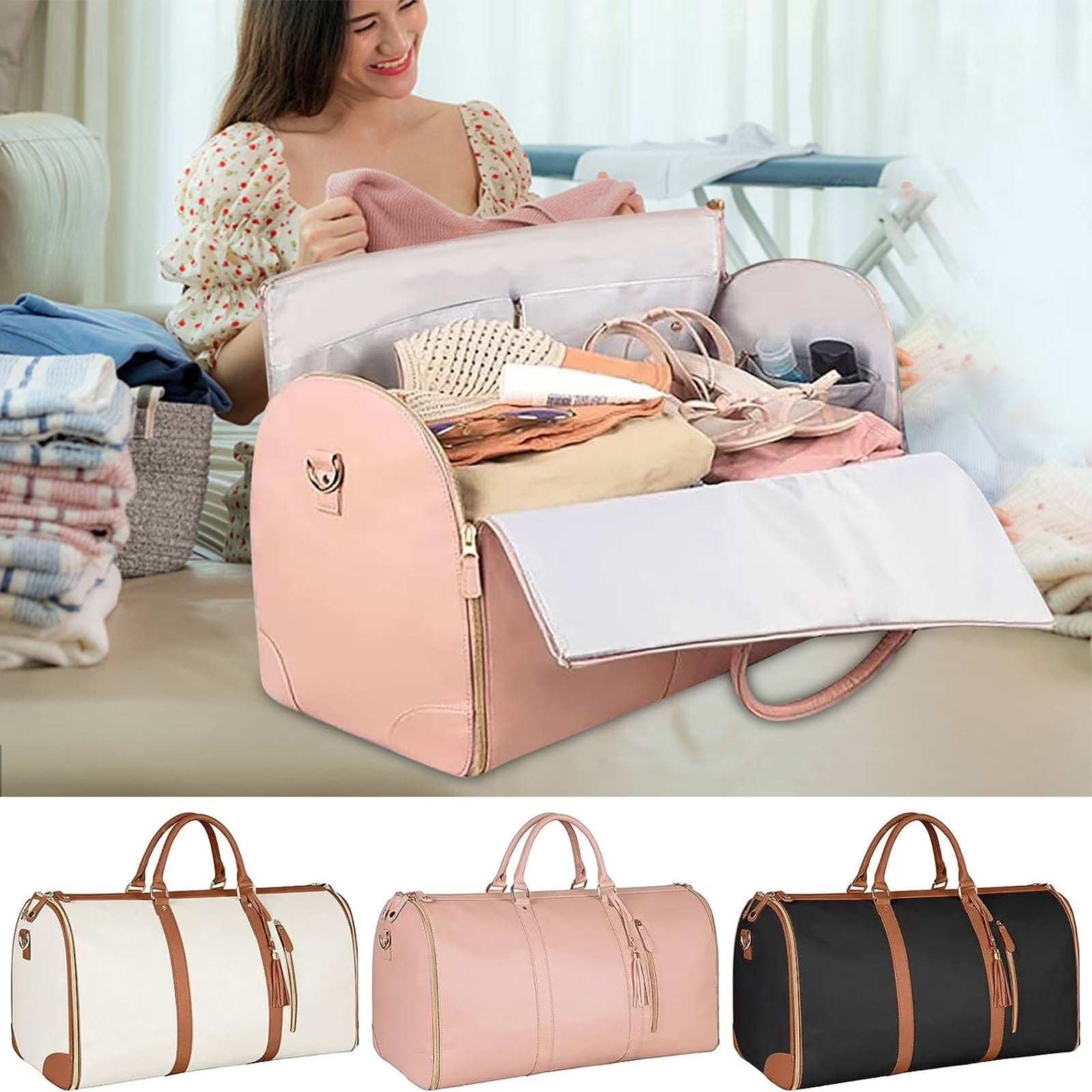 Garment Tote Bag, Large Leather Duffle Bag for Women, Garment Bags for Travel with Shoe Pouch, 2 in 1 Hanging Suitcase Suit Travel Bags Gifts for Women